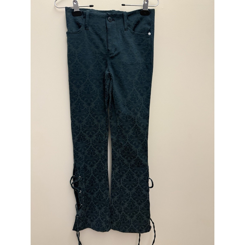 UO Urban Outfitters Lace Up Dark Green Damask Print Straight Pants Sz 0